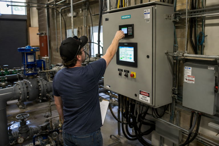 Water utility operator managing an industrial PLC control system following CISA warnings about cyberattacks on water infrastructure