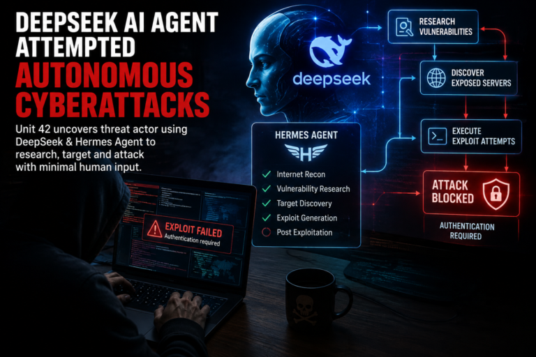 DeepSeek-powered Hermes Agent researching vulnerabilities, discovering exposed servers and attempting autonomous cyberattacks that were blocked by authentication.