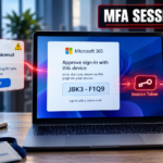 Realistic office laptop displaying a Microsoft 365 authentication prompt beside a suspicious RingCentral voicemail notification.