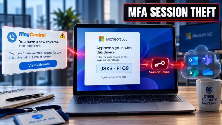 Realistic office laptop displaying a Microsoft 365 authentication prompt beside a suspicious RingCentral voicemail notification.