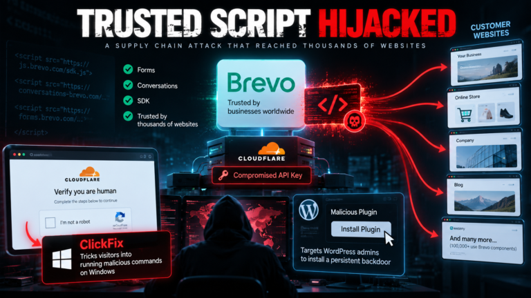 Brevo supply-chain attack showing compromised Cloudflare infrastructure delivering malicious scripts to customer websites
